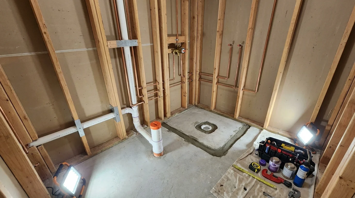 Bathroom rough-in plumbing during remodel by Johns Plumbing LLC in Tyler