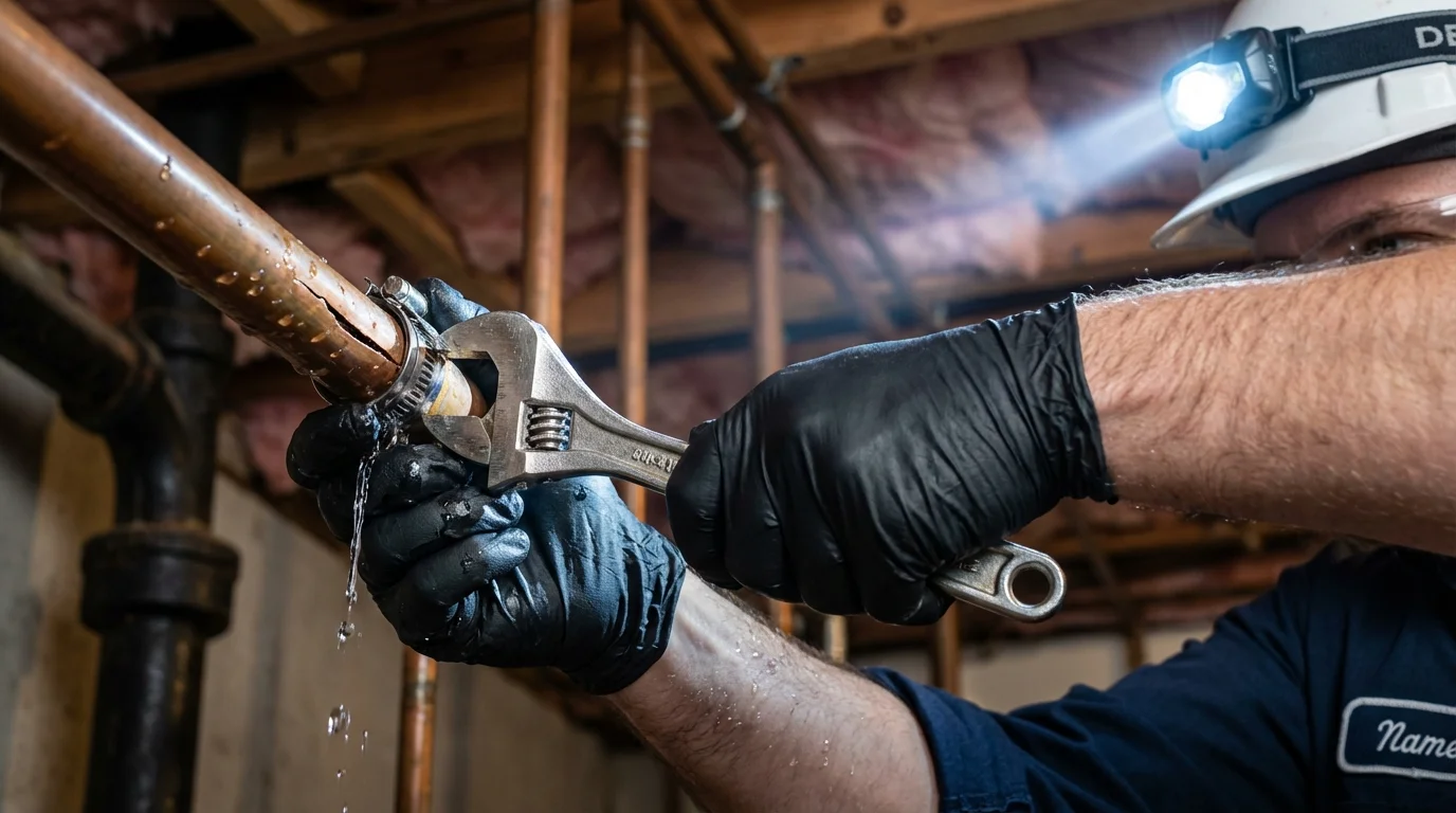 Emergency pipe clamp repair being performed by a Johns Plumbing LLC plumber in Tyler