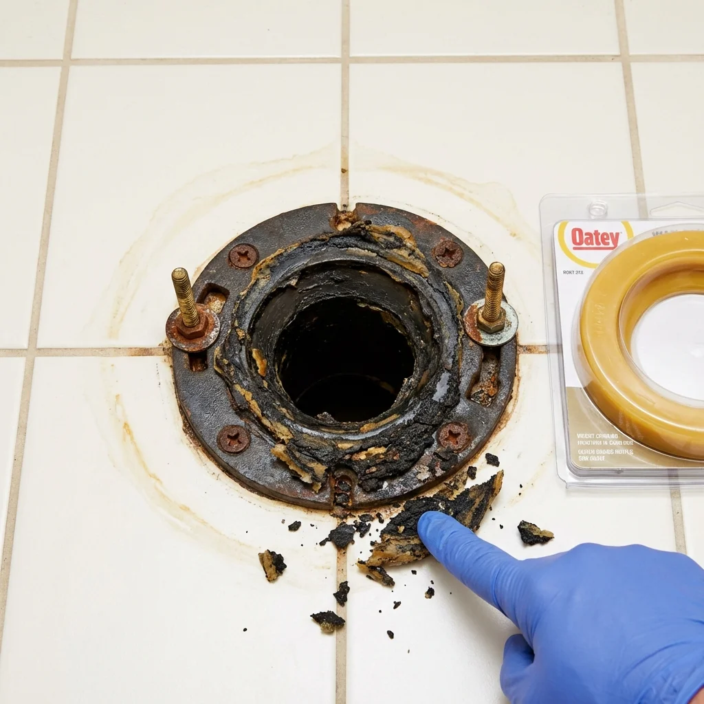 Failed wax ring showing water seepage at the base of a toilet in a Tyler, TX home