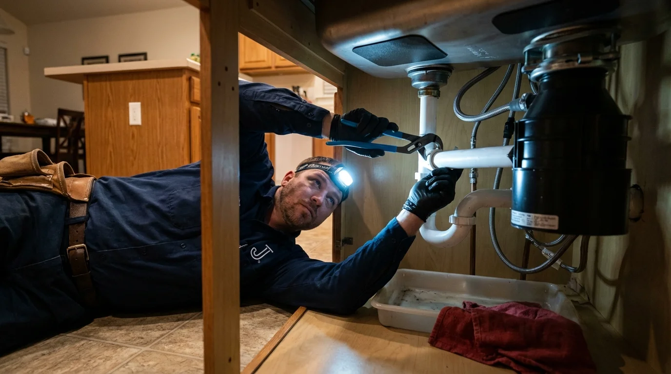P-trap and supply line connections under a kitchen sink showing a common leak point in Tyler, TX
